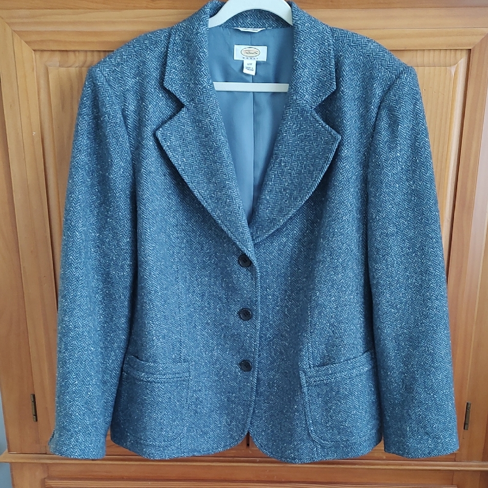 TALBOTS Woman Blue Herringbone Wool Blend Tweed Blazer